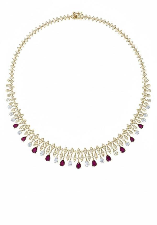 Ruby teardrops, diamond and gold necklace.