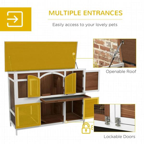 Two-tier wooden pet hutch with multiple front entry doors and open roof
