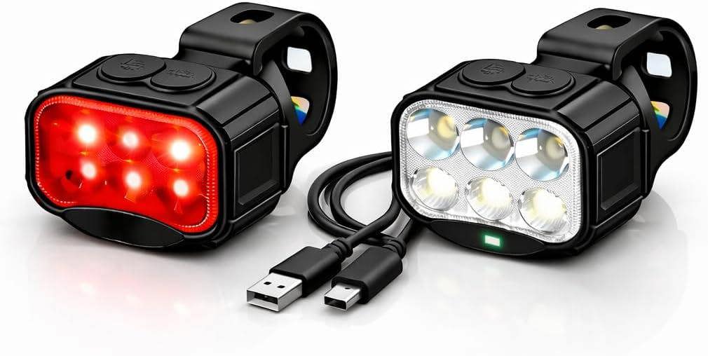 KAV USB Rechargeable Bike Light Set 6 LED 500 Lumen Headlight & Tail Light High Low Beam IP65 Waterproof 8/12 Modes Easy Mount for Road Bike