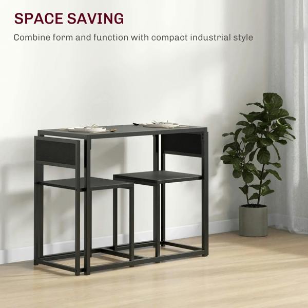 Black rectangular dining table with open shelves and steel frame