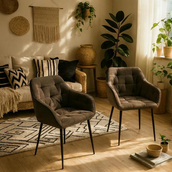 Wyld Haus Buttonfern Set of 2 Vintage Brown Diamond Upholstered Dining Chairs with Armrest