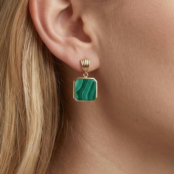 Uchi & Soto Shikaku Solid 925 silver with 18K Gold Vermeil and Malachite Square Drop Earrings