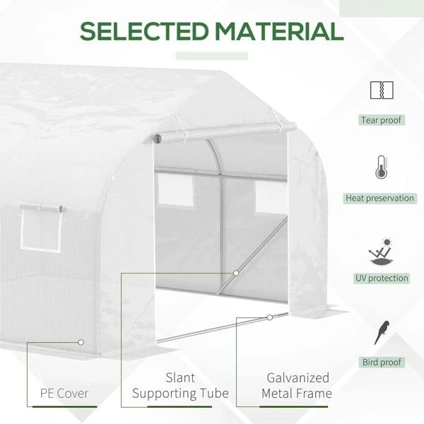 White polytunnel greenhouse with PE cover and galvanised metal frame, door and window
