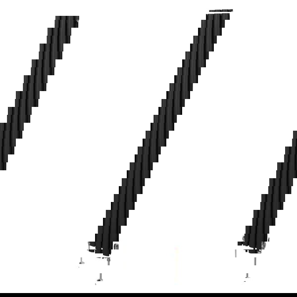 Sleek black oval column radiator measuring 1800mm x 360mm, featuring vertical fins and stylish valves for modern heating solutions