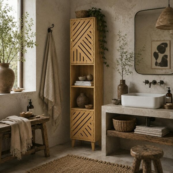 Wyld Haus Hami Bathroom Storage Cabinet With Bamboo Door And Multi Storage Layout Natural Finish