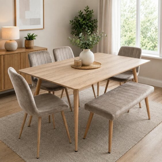 KOSY KOALA 6 Seater Modern Dining Table 140cm with Wood Effect Metal Leg and 4 Beige Chairs and Bench for Kitchen & Dining Room Furniture Set