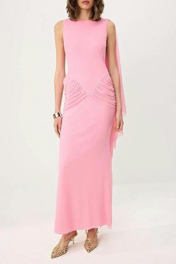 Pelerin Detailed Tulle Lined Maxi Evening Dress