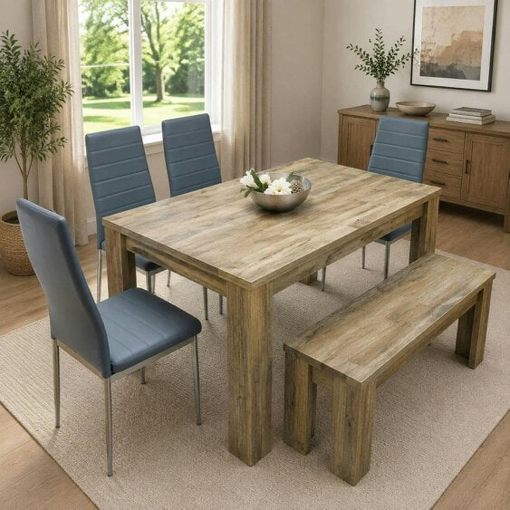 Kosy Koala Wooden Dining Table Set for 6 - Rustic Effect Table With 4 Grey Chairs and 1 Bench