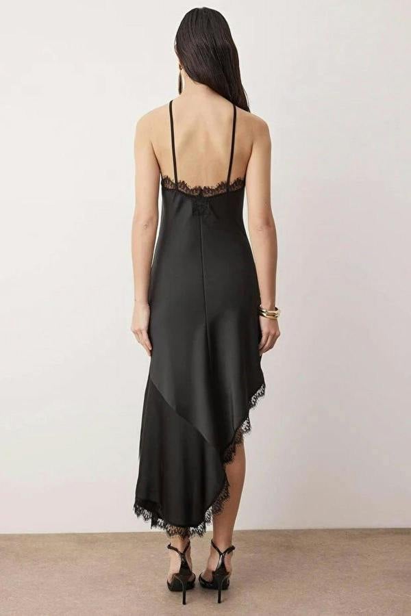 WOVCOR Lace-Detailed Woven Satin Midi Unlined Evening Dress