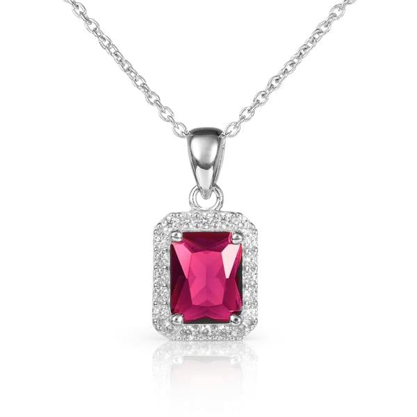 namana 925 Sterling Silver Emerald Cut Red Halo Pendant Necklace For Women