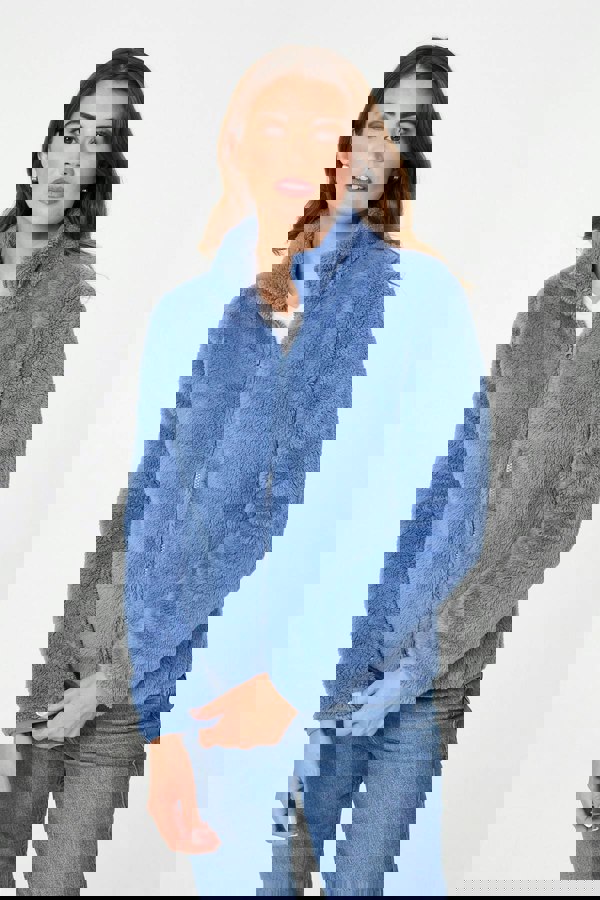 Light Blue | Soft Texture Zip Front High Neck Fleece
