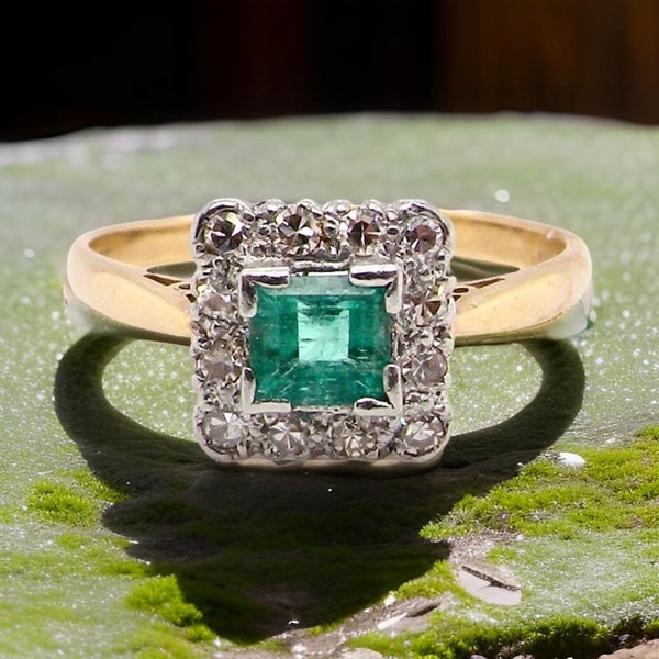 Vintage Tom A vintage square Emerald and diamond cluster ring