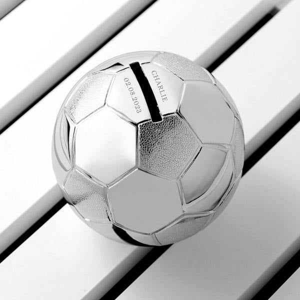 Personalised Silver Plated Football Money Box - lifestyle shot