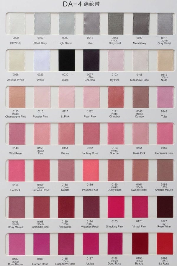 Color swatch chart with various shades of gray, pink, and red.