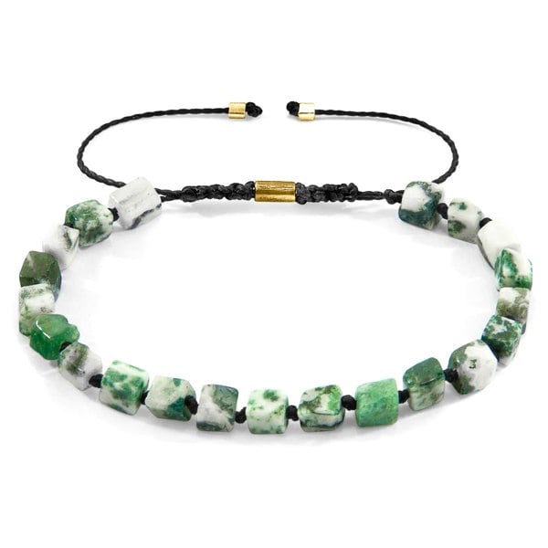 Anchor & Crew Green Natural Tree Agate Ralph 9ct Yellow Gold and Stone SKINNY Macrame Bracelet