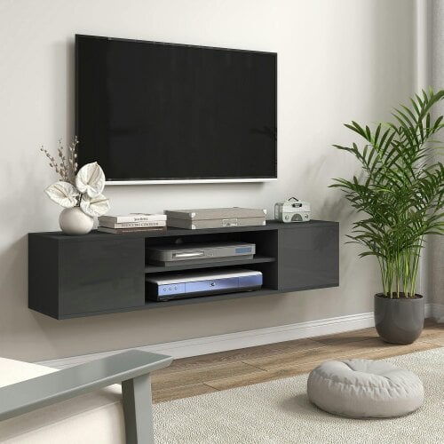 Wyld Haus Minoco Wooden Grey Floating TV Stand With Shelf and Doors For Screens Up To 60 Inches