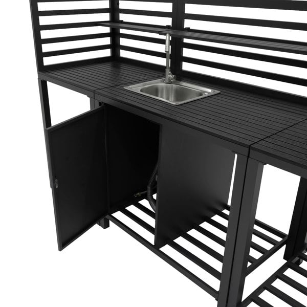 Aluminium outdoor kitchen set featuring a sleek black finish, slatted shelves, a stainless steel sink, and ample storage space