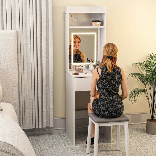 Wyld Haus Ravitti White Compact Vanity Desk With Mirror LED Lights Drop Leaf And Open Shelves