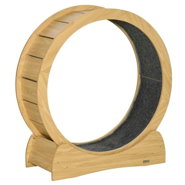 30-inch natural wood cat running wheel with dark cushioned inner track and base