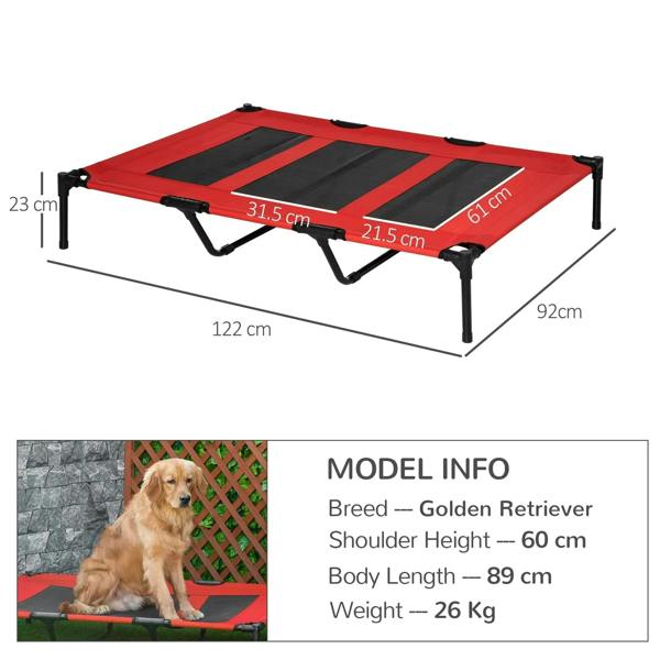 Red elevated dog bed cot with black mesh panels and visible size dimensions