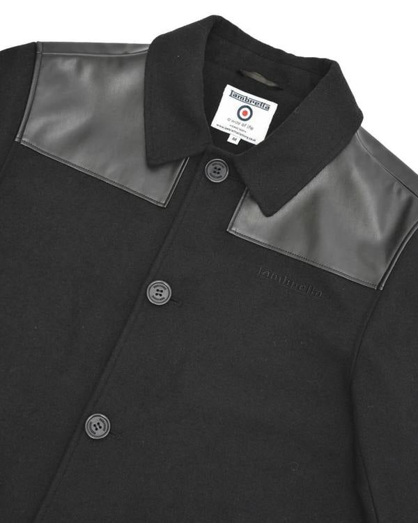 Lambretta Mens Donkey Jacket Classic MOD SKA Shoulder Panel, black coat with leather shoulder panels and button closure.