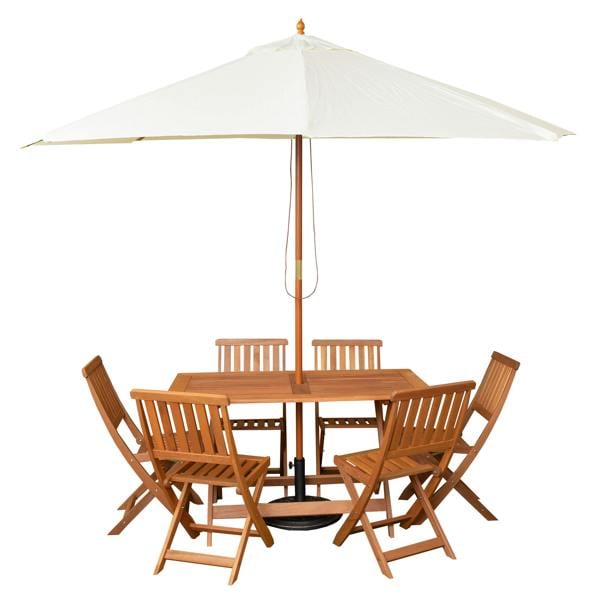 Samuel Alexander Outdoor 6 Person Folding Rectangular Wooden Garden Dining Table Chairs Cream Parasol and Base set