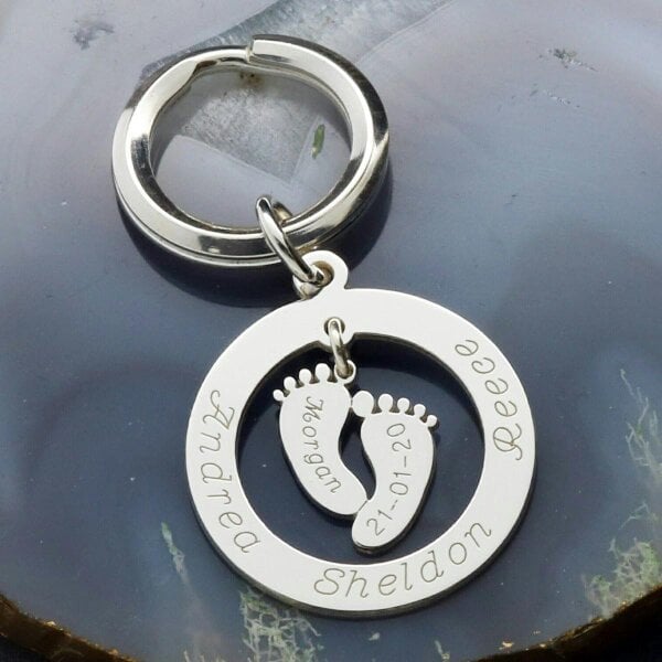 Christopher James of London Sterling Silver Personalised Hanging Baby Feet Keyring