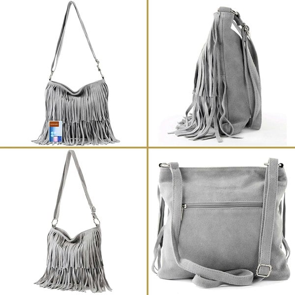 Kitise Italian Real Suede Leather Fringed Shoulder - Cross body Handbag