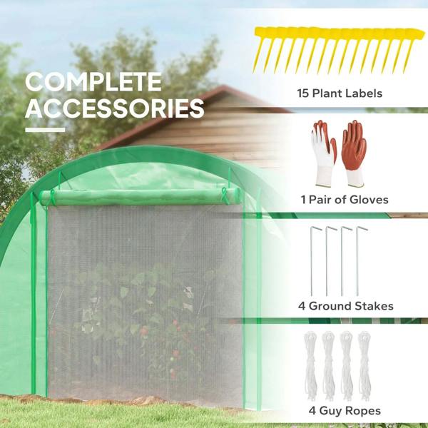 Green polytunnel greenhouse with included accessories: plant labels, stakes, ropes, gloves