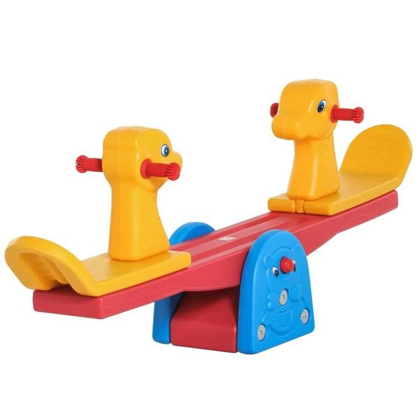 Two-seat kids seesaw teeter totter with yellow animal seats and red base
