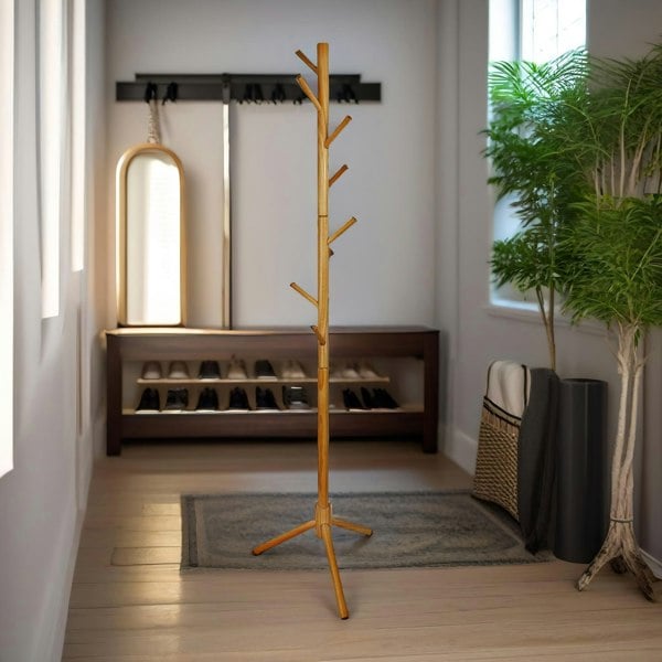 Rafaelo Mobilia Wooden Adjustable Coat Stand With 8 Hooks Brown