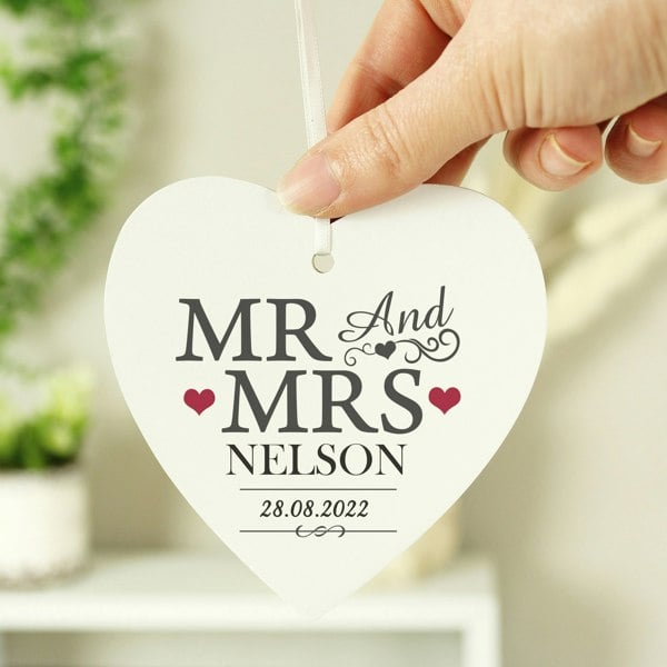 Personalised Memento Company Personalised Mr & Mrs Wooden Heart Decoration