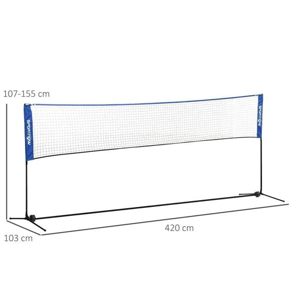 Blue sports net with black frame, showing overall dimensions and mesh