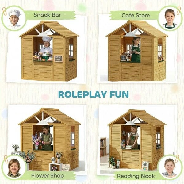 Outdoor Kids Playhouse, Wooden Wendy House with Door, 3 Windows, 2 Flower Boxes for Garden, Indoor Playroom