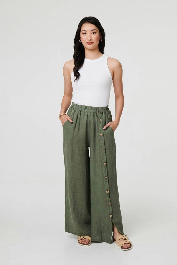 Khaki | Button Detail Wide High Waist Trousers
