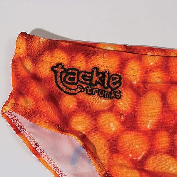Optimum Tackle Trunks swim brief, close-up of tackle trunks logo on orange baked beans waistband - Optimum