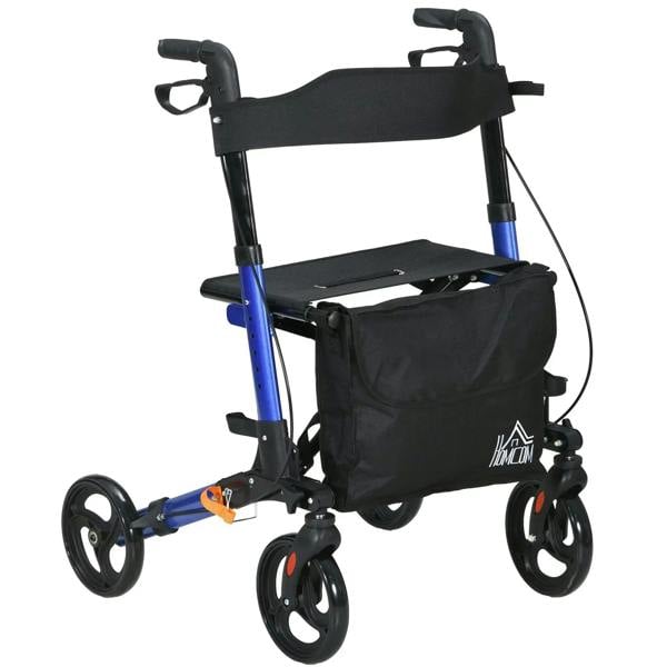 Blue rollator walker with black padded seat, backrest, and four swivel wheels
