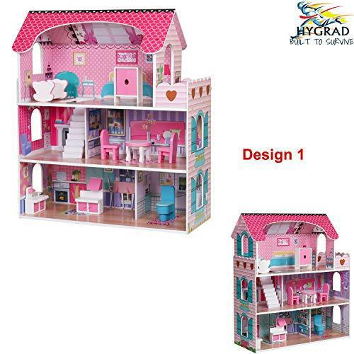 HYGRAD BUILT TO SURVIVE Wooden Play Doll House With Accessories & Furniture Role Play Doll House 4 Designs Christmas, Birthday Girls Gift (Design 1)