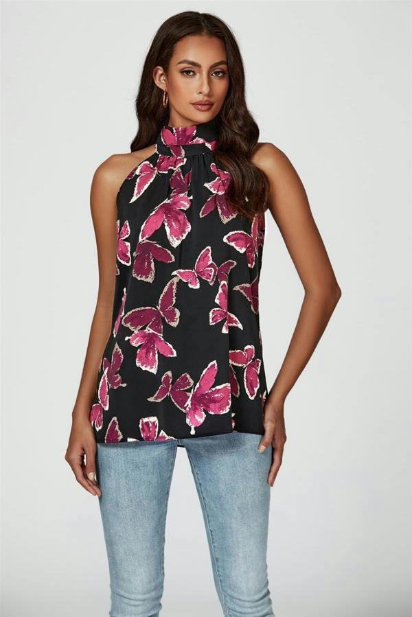 FS Collection Butterfly Print Halter Neck Tie Back Top In Black