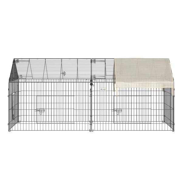 Metal playpen enclosure with wire walls and beige roof panels