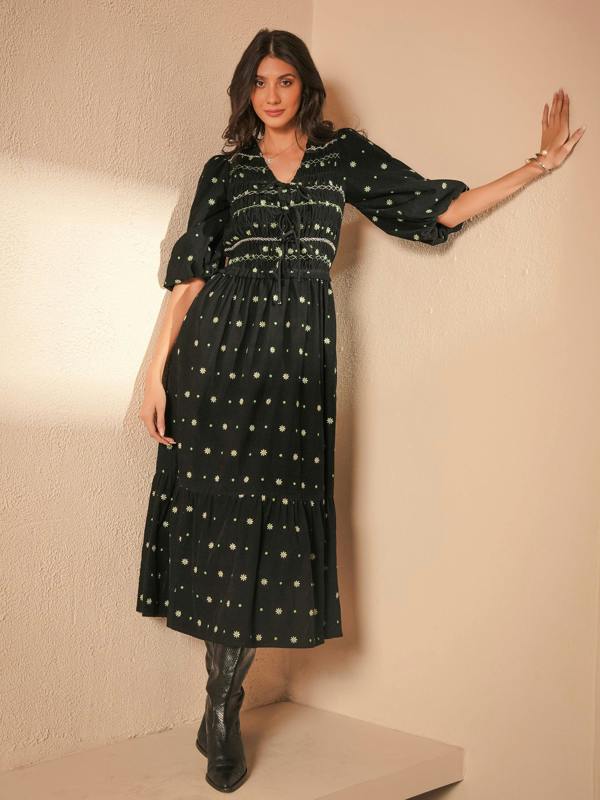 Rose & Nancy Eddie Black Cord Embroidered Polka Dot Maxi Dress