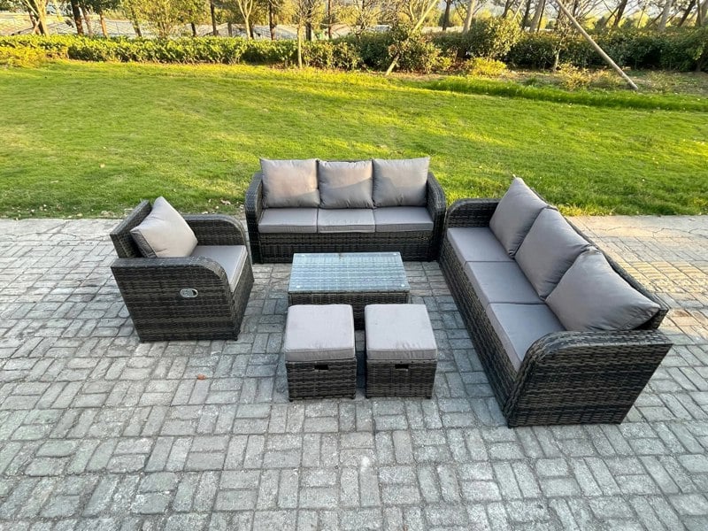 Fimous 9 Seater Rattan Lounge Sofa Set Outdoor Garden Furniture Set with Rectangular Coffee Table 3 Seater Sofa 2 Small Footstools Dark Grey Mixed