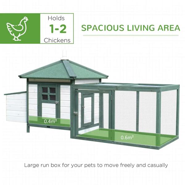 Green and white chicken coop with nesting box and enclosed mesh outdoor run