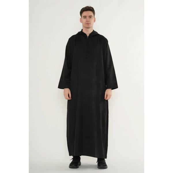 HM12 - Men's Hooded Suede Emirati Omani Zipped Thobe - Black - Thobez - 11