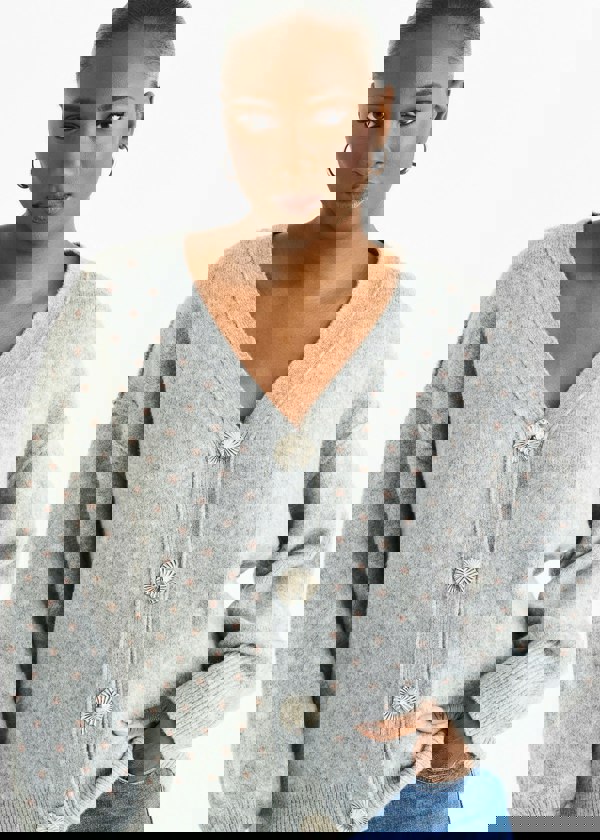 Gini London Grey Spot Print Button Cardigan Look Jumper