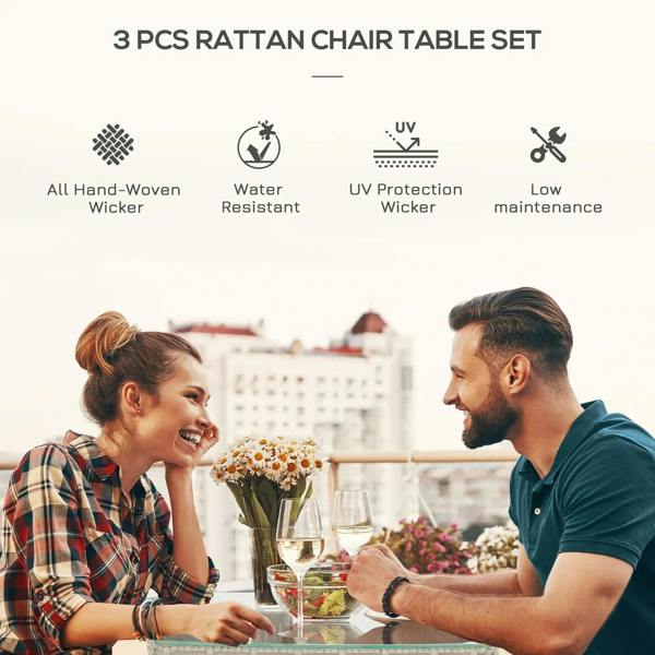 Outdoor patio table setting with two people and drinks