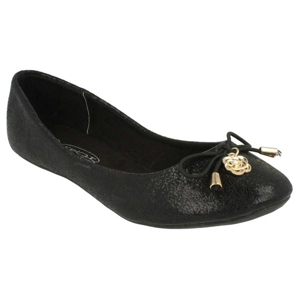Spot On Ladies Spot On Flat Ballerina Metal Flower Attachment Bow