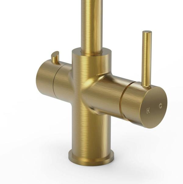 Brushed gold boiling water tap on a white background