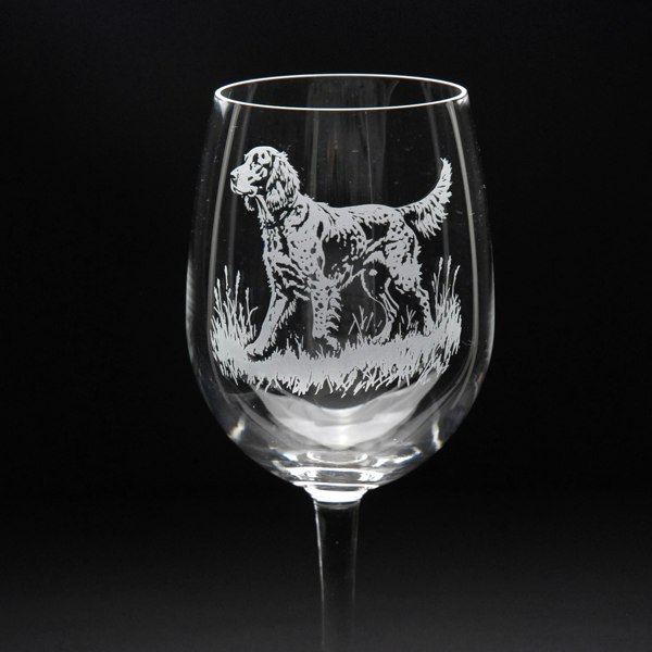 Glyptic Glass Art English Setter Dog Crystal Wine Glass - Hand Etched/Engraved Gift