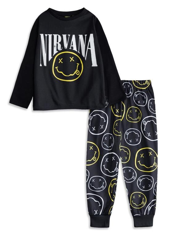 Vanilla Underground Nirvana Unisex Kids Black Logo Long Sleeve Long Leg Pyjama Set